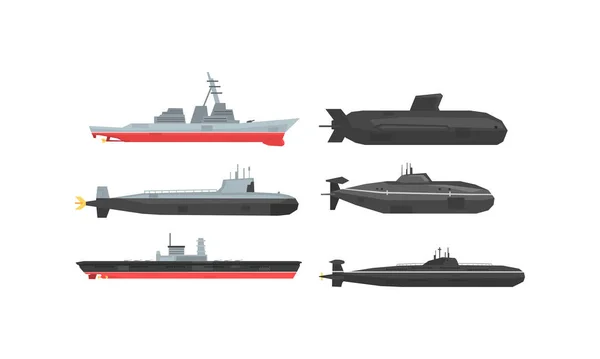 Stock vector Naval Combat Ships and Submarines Collection, Military Boats, Frigates, Battleships Vector Illustration