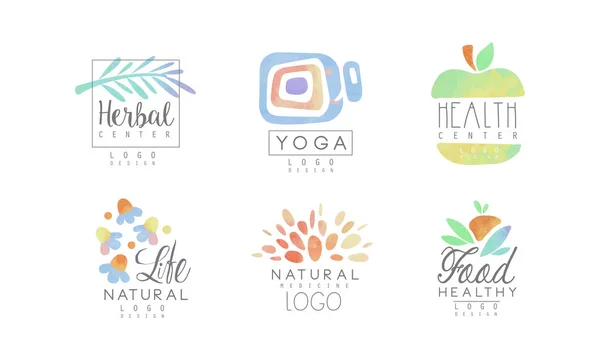 Collezione di design logo del centro di erbe, cibo sano, vita naturale acquerello Badge vettoriale Illustrazione — Vettoriale Stock