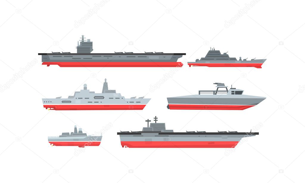 Naval Combat Ships Collection, Military Boat, Frigate, Battleship Vector Illustration