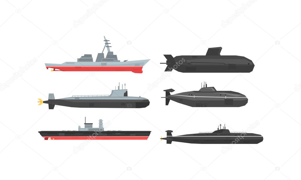 Naval Combat Ships and Submarines Collection, Military Boats, Frigates, Battleships Vector Illustration