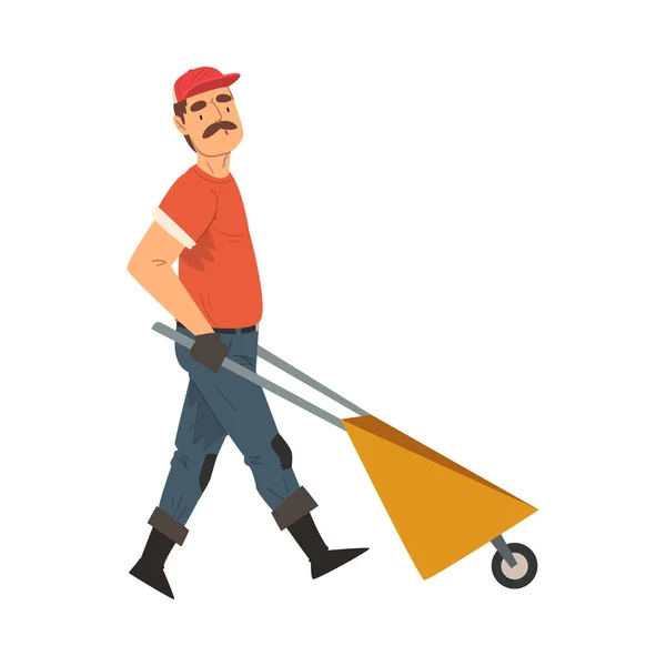 Man Gardener with Wheelbarrow, Male Farmer Character Working at Garden or Farm Vector Illustration — Stock Vector