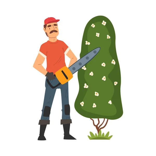 Man Trädgårdsmästare Shearing Bush med såg, Man bonde karaktär arbetar på trädgård eller gård vektor illustration — Stock vektor