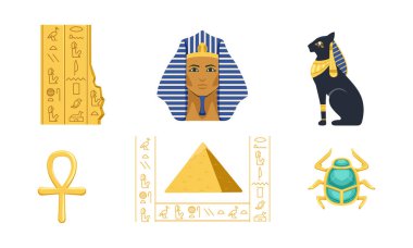Geleneksel Mısır Kültür ve Tarihi Sembolleri Toplama, Piramit, Ankh, Tutankamon, Scarab, Bastet Vektör İllüstrasyonu