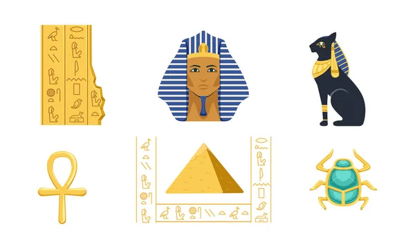 Símbolos culturales e históricos tradicionales de Egipto Colección, Pirámide, Ankh, Tutankamón, Escarabajo, Bastet Vector Ilustración — Vector de stock