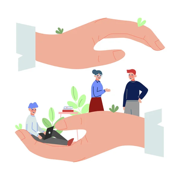 Riesige menschliche Hände, die Büroangestellte, Büroangestellte, Unterstützung, professionelles Wachstum, Personalvergünstigungen und Vorteile schützen Vektor Illustration — Stockvektor