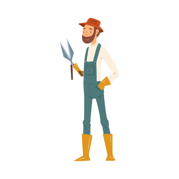 Man Gardener with Garden Shear, Cheerful Male Farmer Character in veralls Working at Garden or Farm Vector Illustration — Stock Vector