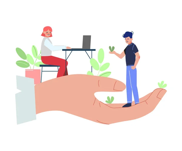 Giant Hands Holding Tiny Business People, crecimiento profesional, beneficios y beneficios para el personal Vector Illustration — Vector de stock