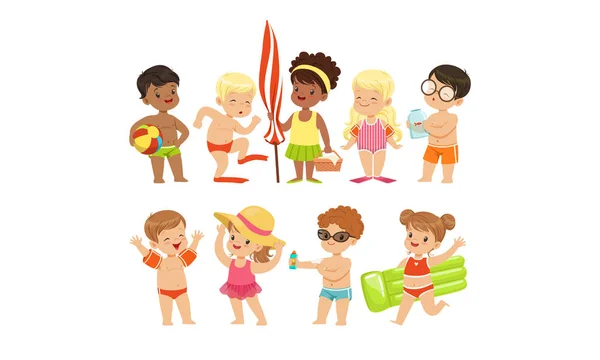 Niedliche glückliche Jungen und Mädchen spielen, schwimmen und Spaß am Strand im Sommerurlaub Vektor Illustration — Stockvektor