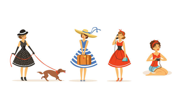 Коллекция красивых молодых женщин одеваются в стиле ретро мода Одежда, красивые девушки в разных ситуациях Векторная иллюстрация
