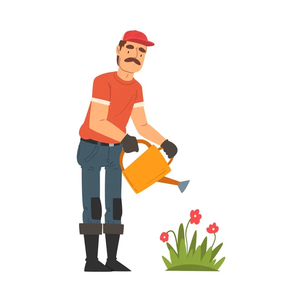 Man Gardener Watering Flowers, Male Farmer Character Working at Garden or Farm Vector Illustration — Stok Vektör