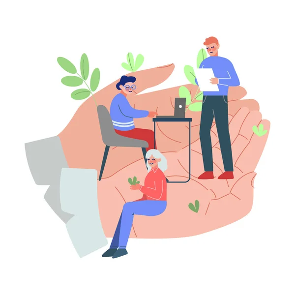 Tiny Office Employees Working in Giant Hands, Office Staff Care, Support, Professional Growth, Personnel Benefits Vector Illustration — Διανυσματικό Αρχείο