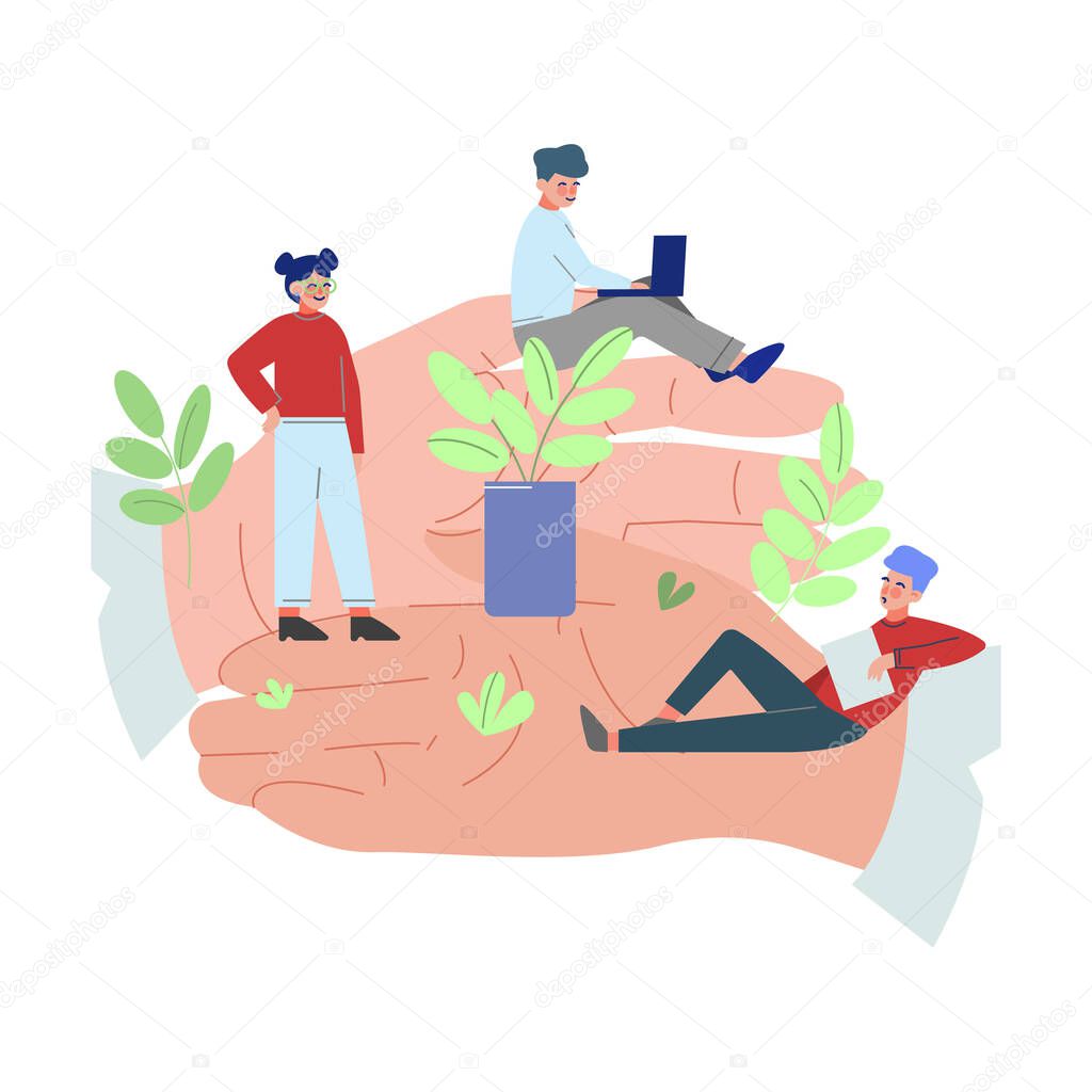Tiny Office Employees Working on Giant Hand, Office Staff Care, Support, Professional Growth, Personnel Perks and Benefits Vector Illustration