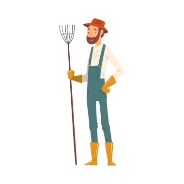 Bahçıvan Adam Tırmıkla Bekliyor, Neşeli Erkek Çiftçi Karakteri Bahçede veya Çiftlik Vektörü Resimlerinde çalışıyor