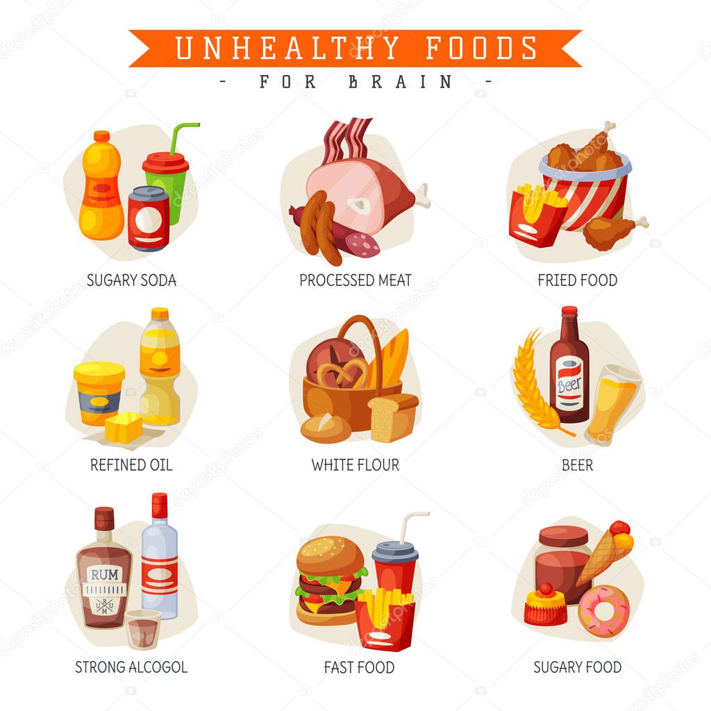 Unhealthy Foods for Brain, Sugary Soda and Food, Processed Meat, Fried Food, Refined Oil, White Flour, Beer, Strong Alcohol, Fast Food Vector Illustration