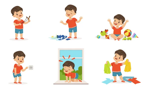 Cute Bully Boy Collection, Hoodlum joyeux petit enfant, mauvais comportement de l'enfant Illustration vectorielle sur fond blanc — Image vectorielle