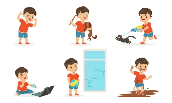 Cute Bully Boy in Different Situations Set, Funny Hoodlum Little Kid, Bad Child Behavior Vector Illustration — Stock Vector