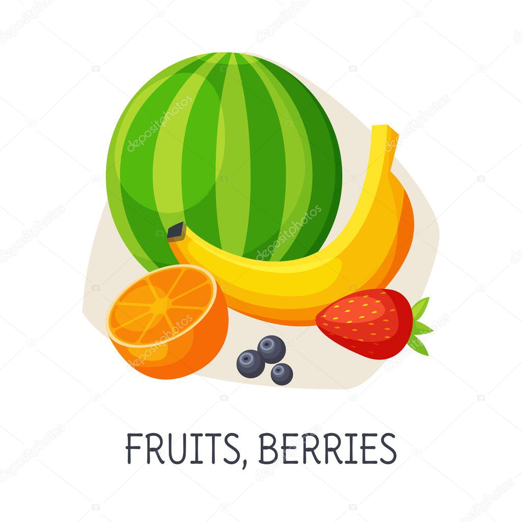 Healthy Food for Brain, Fruits and Berries, Fresh Strawberry, Orange, Watermelon, Blueberry, Banana Vector Illustration