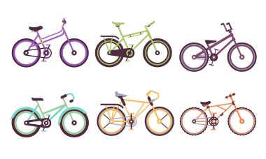 Çeşitli Bisiklet Koleksiyonu, Farklı Çerçeveli Bisikletler, Beyaz Arkaplan Üzerine Ekoloji Taşıma Vektörü İllüstrasyonu