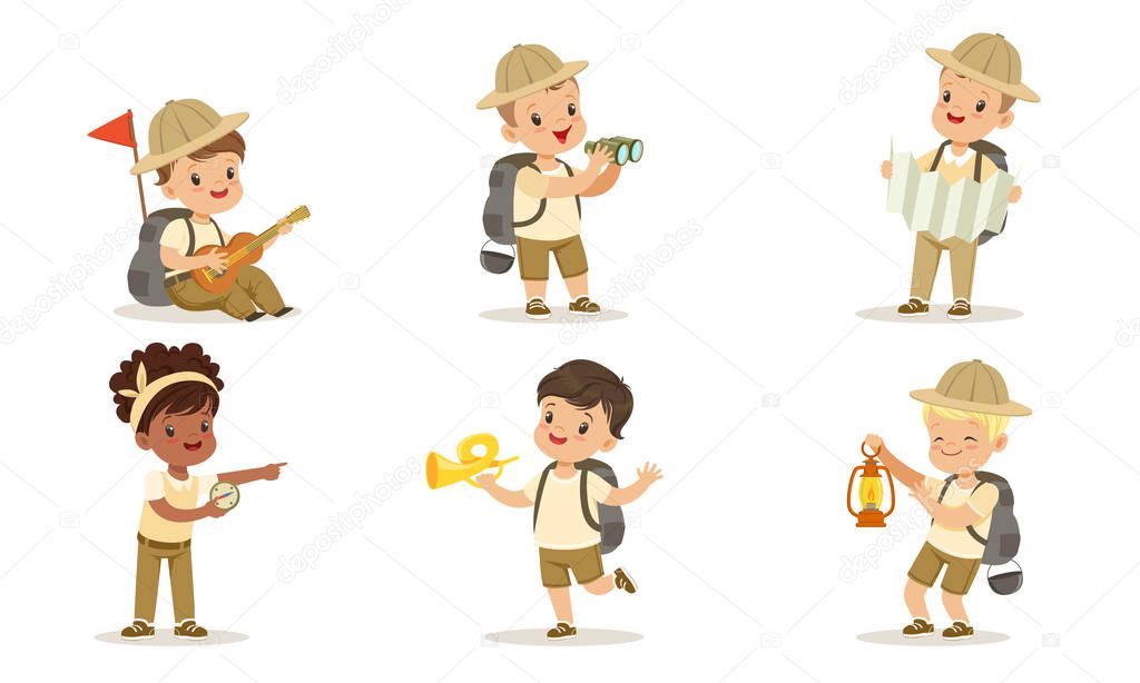 Collection of Kids Scouts Camping, Cute Boys and Girls in Uniform with Hiking Equipment Vector Illustration on White Background