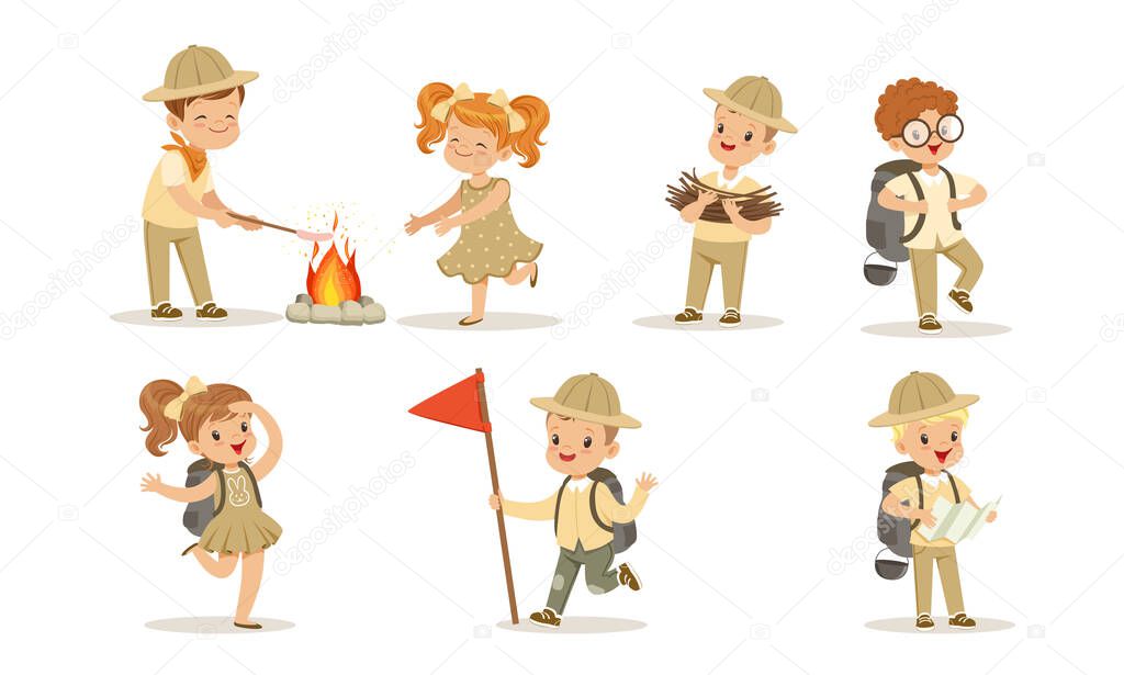Collection of Kids Scouts Camping, Cute Boys and Girls Walking with Hiking Equipment Vector Illustration on White Background