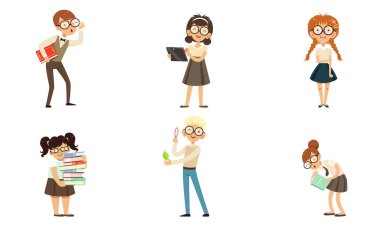 Komik İnek ve İnek Çizgi Film Karakterleri Koleksiyonu, Gözlüklü Akıllı Okul Çocukları Beyaz Arkaplan Üzerine Kitap Vektörü İllüzyonu