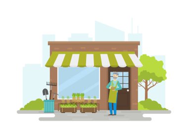 Kıdemli Bahçıvan Dükkanda Tohum Satıyor, Bir Kutu Yaşlılarla Önlük Duran Adam Aktif Yaşam Tarzı İllüzyonu