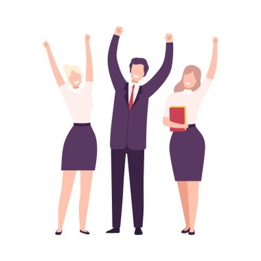 Business Team Celebrating Victory, Managers Characters Dressed in Business Suits Standing with Their Hands Up Flat Vector Illustration