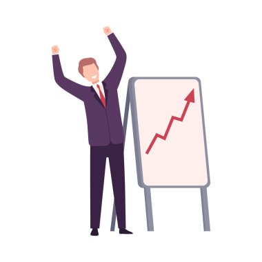 Businessman Celebrating Victory, Manager Character Dressed in Business Suit Standing with His Hands Up Flat Vector Illustration