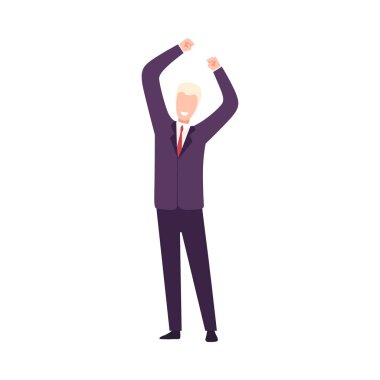 Smiling Businessman Celebrating Victory, Manager Character Dressed in Business Suit Standing with His Hands Up Flat Vector Illustration