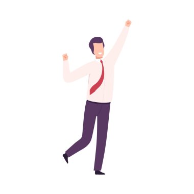 Businessman Celebrating Victory, Male Office Character Dressed in Business Clothes Standing with His Hands Up Flat Vector Illustration