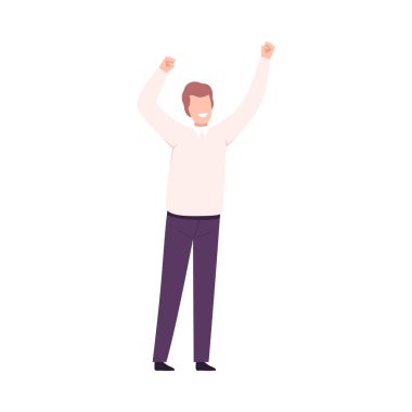 Smiling Successful Businessman Celebrating Victory, Male Office Character Dressed in Business Clothes Standing with His Hands Up Flat Vector Illustration