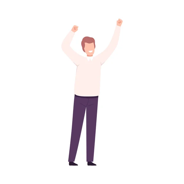 Smiling Successful Businessman Celebrating Victory, Male Office Character Dressed in Business Clothes Standing with His Hands Up Flat Vector Illustration - Stok Vektor