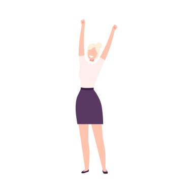 Successful Businesswoman, Smiling Manager Character in Elegant Office Clothes Standing with Her Hands Up Flat Vector Illustration