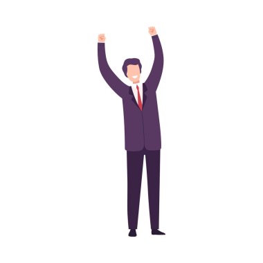 Successful Businessman Celebrating Victory, Manager Character Dressed in Business Suit Standing with His Hands Up Flat Vector Illustration