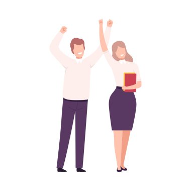 Business People Celebrating Victory, Successful Managers Characters Dressed in Business Clothes Standing with Their Hands Up Flat Vector Illustration