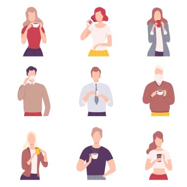 People Drinking Coffee Collection, Male and Female Characters Enjoying of Hot Drinks Flat Vector Illustration