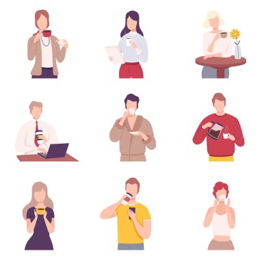 People Drinking Coffee Collection, Male and Female Characters Holding Tea Cups and Enjoying of Hot Drink Flat Vector Illustration
