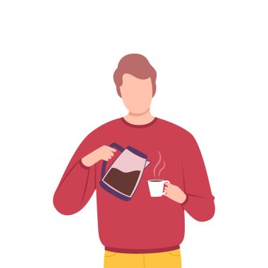 Young Man Drinking Coffee, Male Character Man Pouring Coffee from Kettle into Cup Flat Vector Illustration