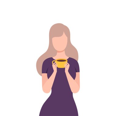 Beautiful Blonde Girl Drinking Coffee or Tea, Young Woman Character Holding Tea Cup Flat Vector Illustration