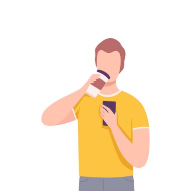 Young Man with Smartphone Drinking Coffee, Male Character Enjoying of Hot Drink Flat Vector Illustration