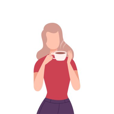 Girl Drinking Coffee, Young Blonde Woman Character Holding Cup and Enjoying of Hot Drink Flat Vector Illustration