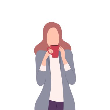 Girl Drinking Coffee or Tea, Businesswoman Character Holding Mug of Hot Drink Flat Vector Illustration