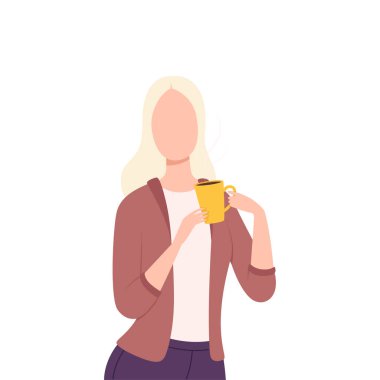 Blonde Girl Drinking Coffee or Tea, Young Woman Character Enjoying of Hot Drink Flat Vector Illustration