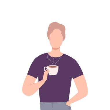 Young Man Drinking Coffee, Male Character Holding Cup and Enjoying of Hot Drink Flat Vector Illustration