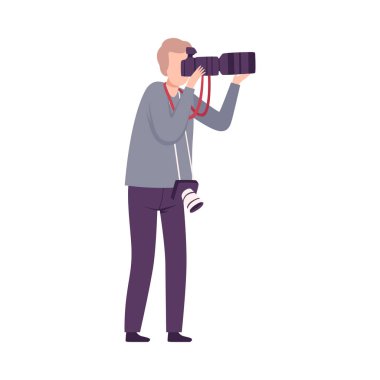 Male Photographer Taking Photo with Digital Camera, Paparazzi Character Flat Vector Illustration
