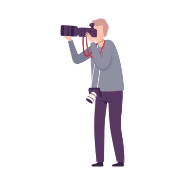Man Photographer Taking Photo with Digital Equipment, Paparazzi, Journalist or Television Correspondent Character Flat Vector Illustration