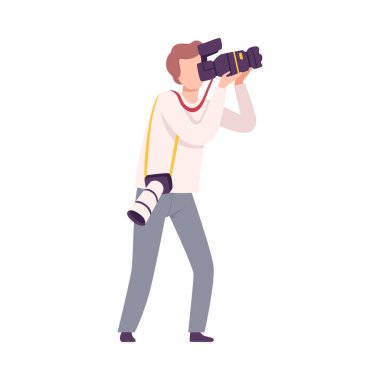 Photographer Taking Photo with Digital Equipment, Male Paparazzi, Journalist Character Flat Vector Illustration