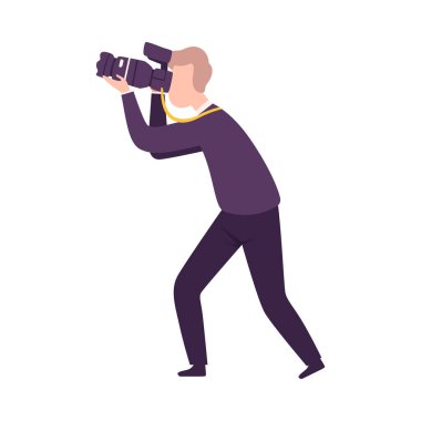 Photographer Taking Photo with Digital Equipment, Male Paparazzi, Journalist Character, Sife View Flat Vector Illustration
