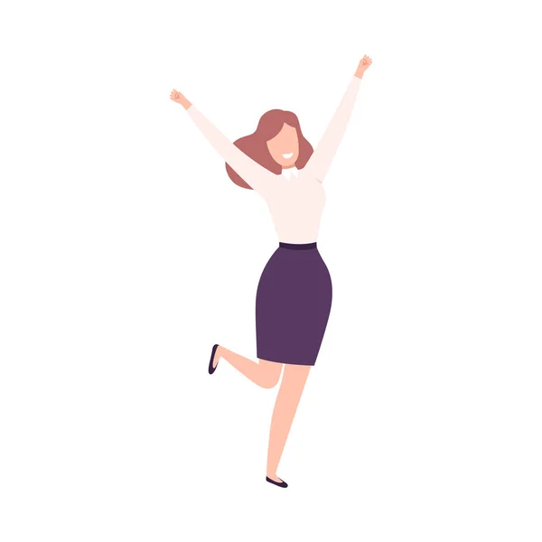 Successful Businesswoman Celebrating Victory, Female Office Character Standing with Her Hands Up Flat Vector Illustration — Stockvector