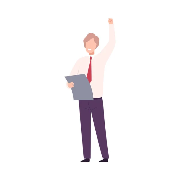 Homme d'affaires Célébrant la Victoire, Gérant réussi Personnage vêtu de vêtements de travail debout avec sa main vers le haut Illustration vectorielle plate — Image vectorielle